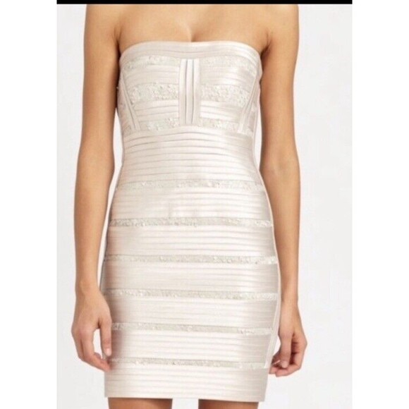 BCBG Dresses & Skirts - BCBG MaxAzria Dress Rebecca Stripe Cocktail  Beige Sz 4 Strapless Bodycon